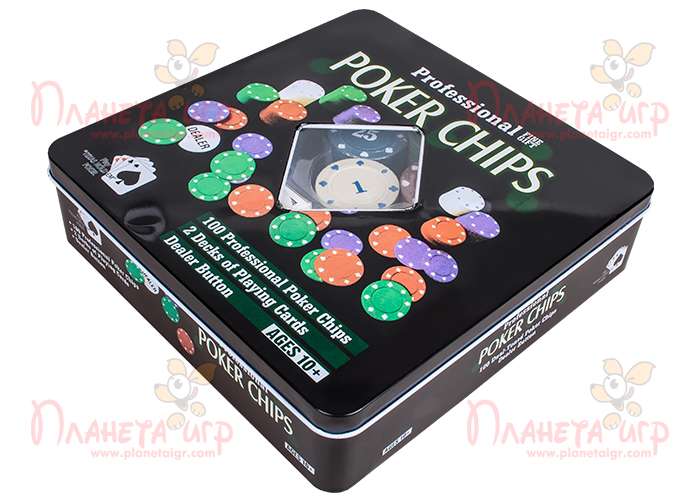 Покерный набор 100 фишек с номиналом (жестяная коробка)