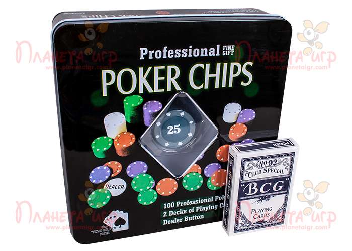 Покерный набор 100 фишек с номиналом (жестяная коробка)