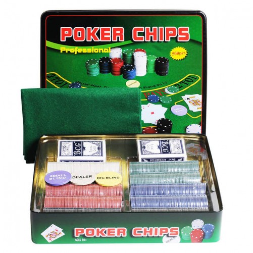 Set de poker 500 de jetoane cu valoare nominală + pânză (cutie de tablă)