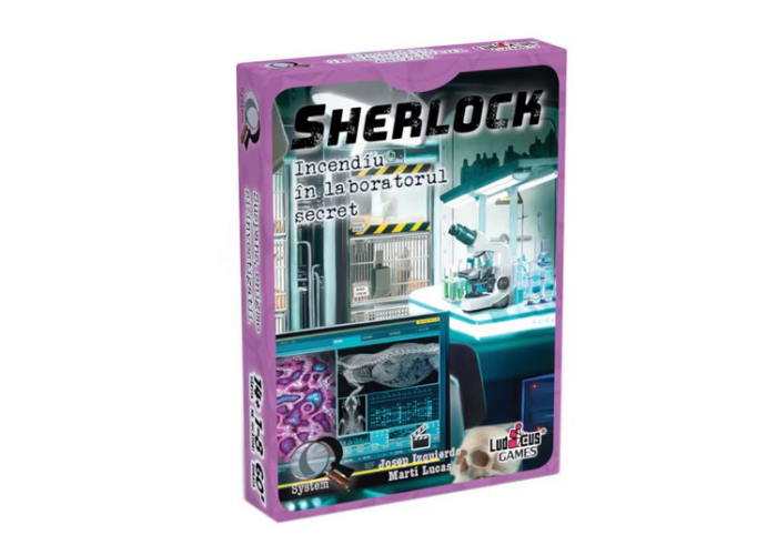 Коробка настольной игры Шерлок: Пожар в лаборатории (рум.)