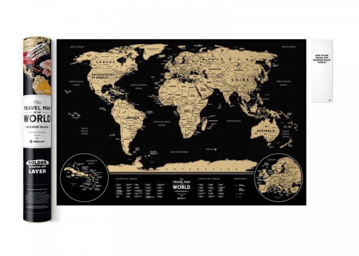Скретч карта мира в подарочном тубусе Travel Map Weekend Black World (gold) (англ.)