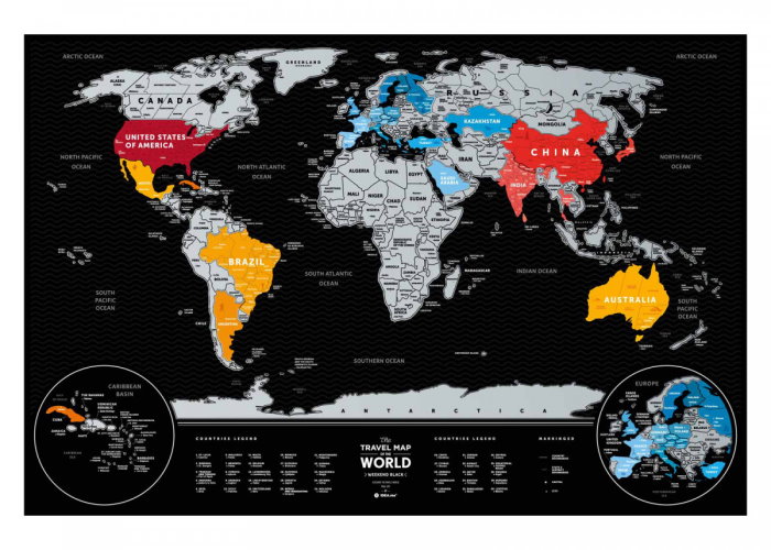 Harta răzuită a lumii într-un tub cadou Harta de călătorie Weekend Black World (argintiu)