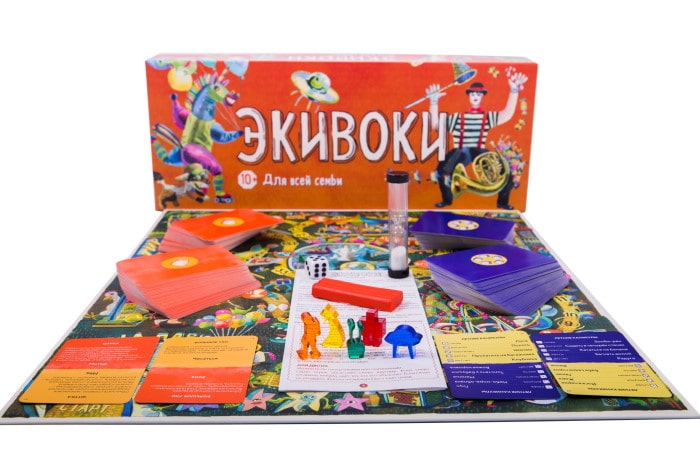Коробка и игровые компоненты настольной игры Экивоки. Для всей семьи